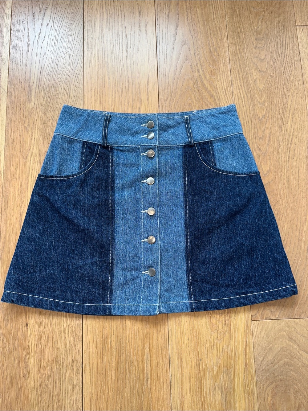 Two-Tone Blue Denim Button-Front Skirt